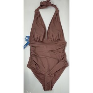 Cupshe Bianca One Piece Swimsuit‎ Halter Deep Plunge Dusty Pink Size Small NWT
